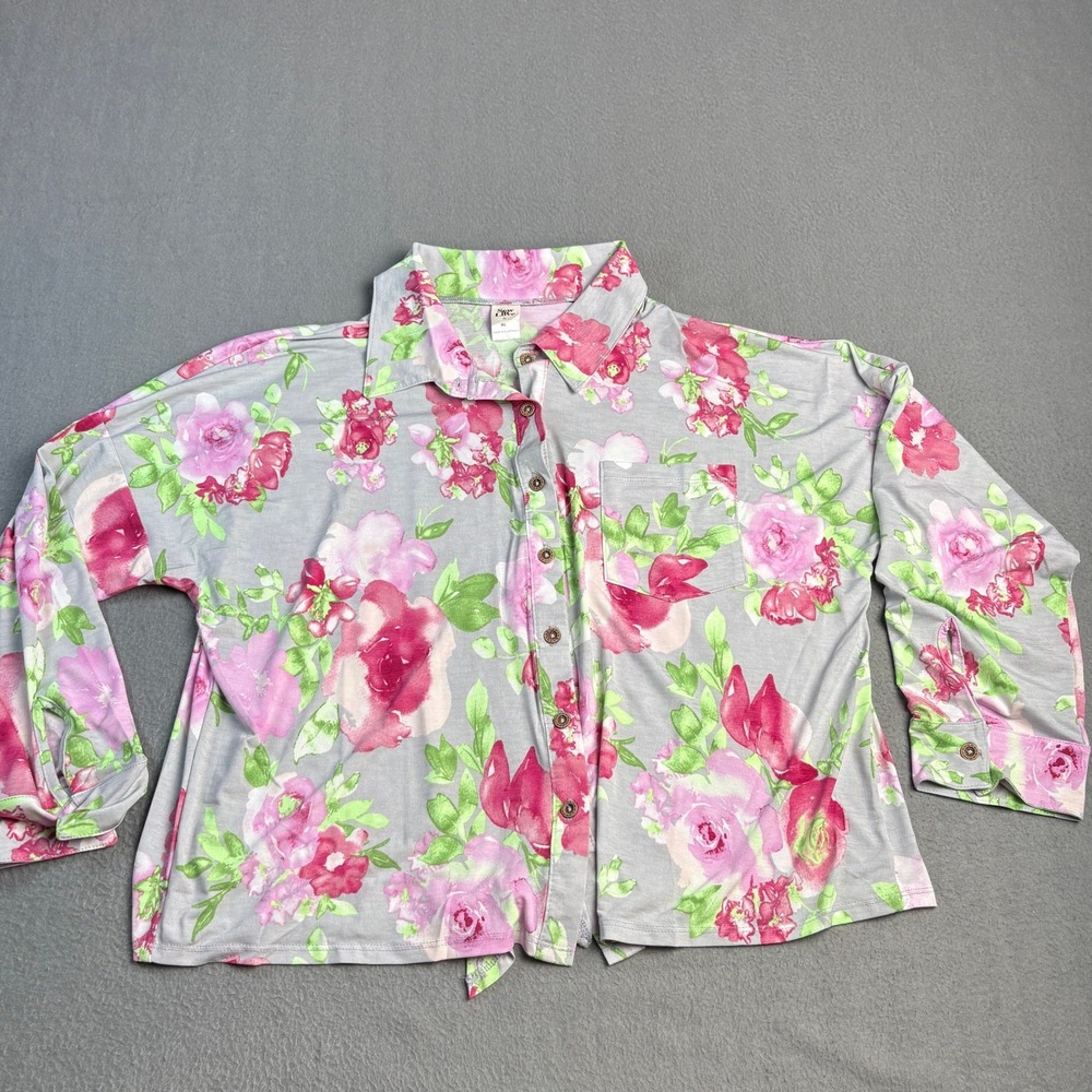 Sew In Love Floral Button Front Top XL Gray Pink Long Sleeve Tie Hem